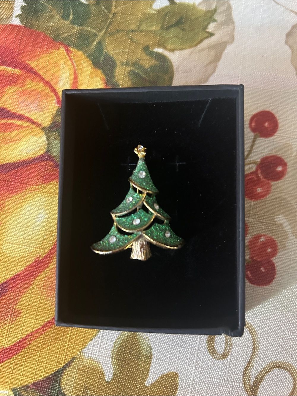 Gold-Tone Green Christmas Tree Brooch - Holiday Jewelry Pin